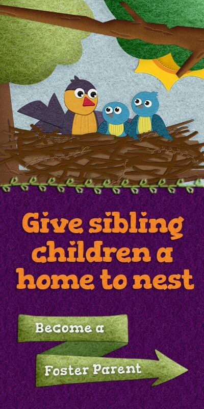 Give sibling children a home to nest. Become a Foster Parent