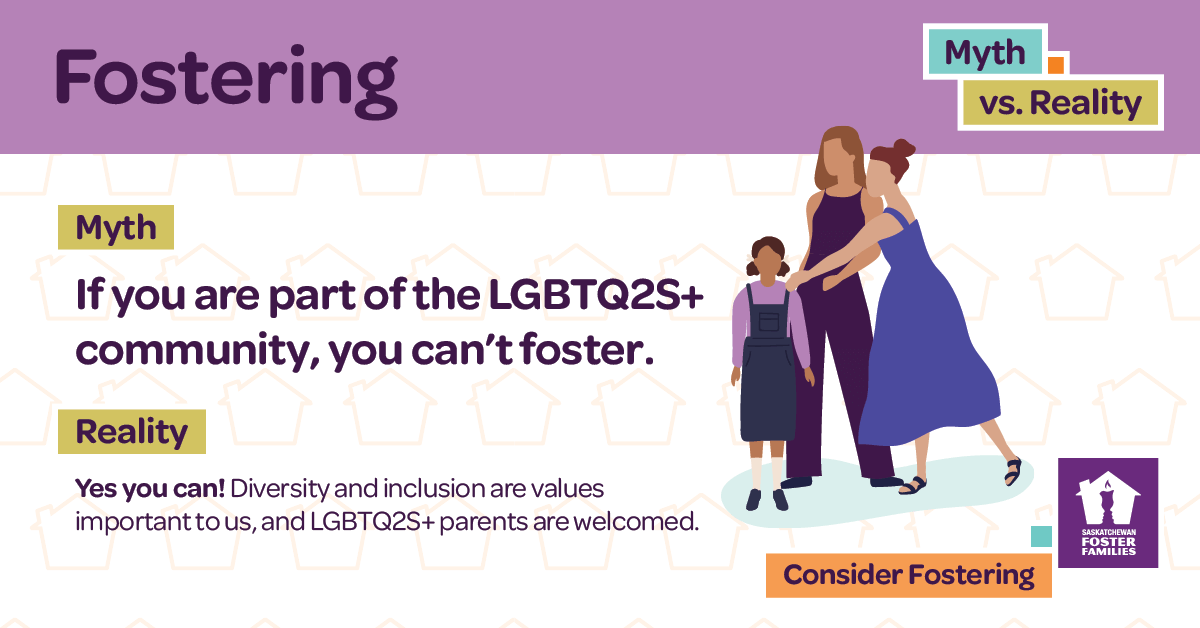 Fostering Myth vs Reality - Myth: If you are part of the LGBTQ+ community, you can't foster. Reality: Yes you can! Diversity and inclusion are values important to us, and LGBTQ+ foster parents are welcomed! Consider fostering.